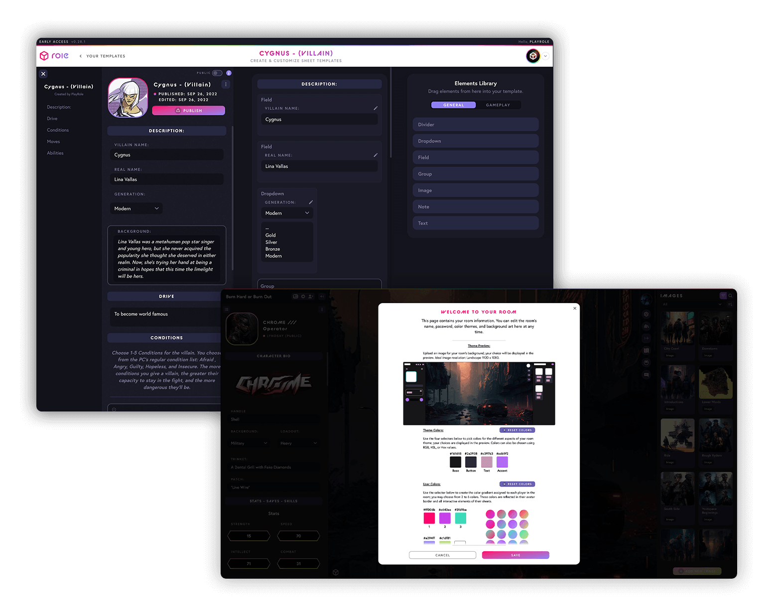 2 screenshots of Role sheet builder and theming UI