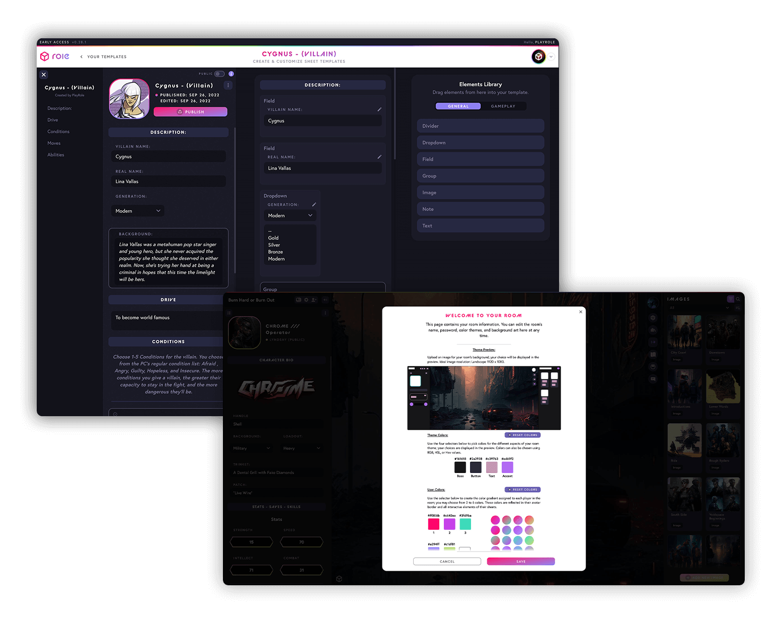 2 screenshots of Role sheet builder and theming UI