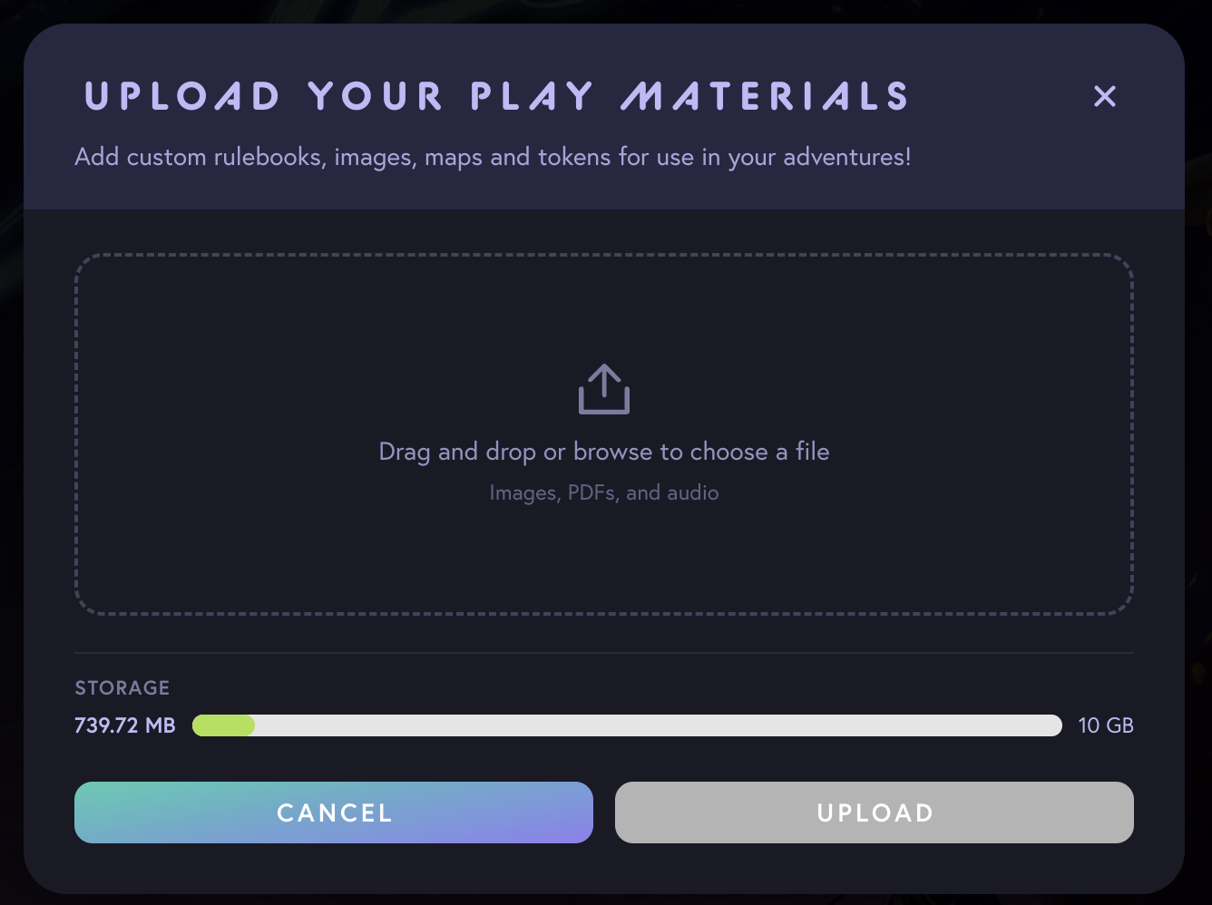 Upload Your Play Materials modal