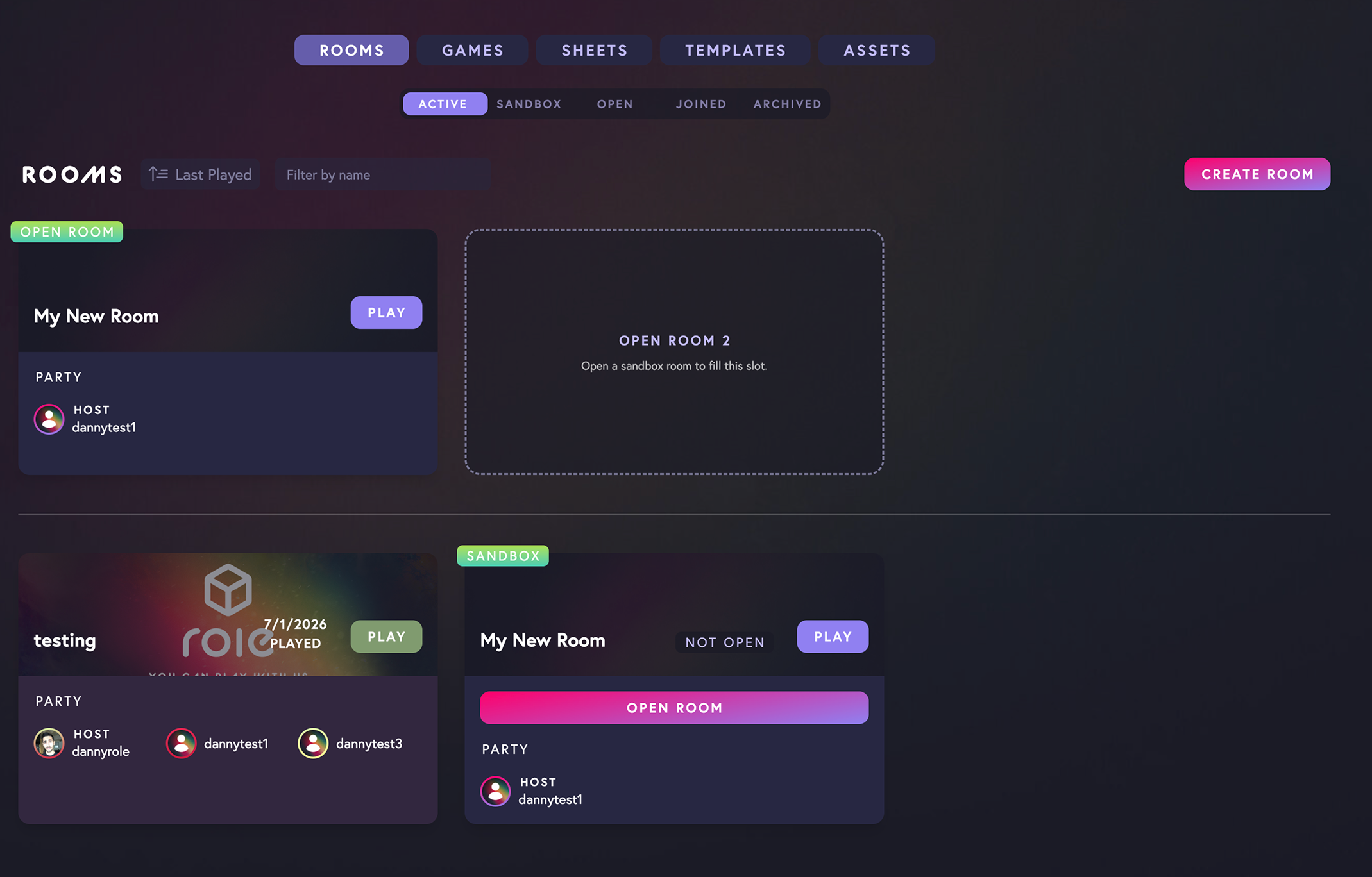 Rooms page with slot placeholders + labels
